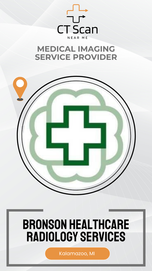 Advertisement for Bronson Healthcare Radiology Services with a green cross logo on a white background.