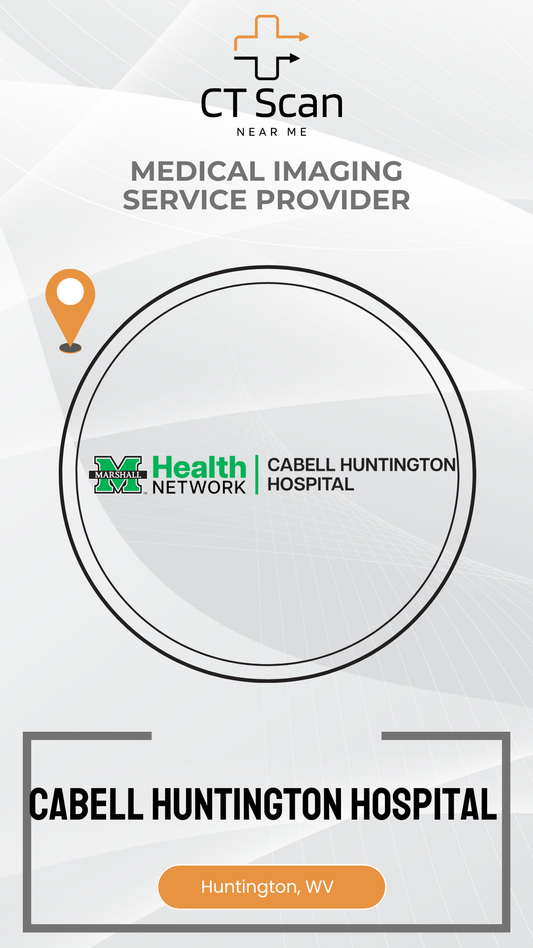 Promotional graphic for Cabell Huntington Hospital's medical imaging services with 'CT Scan Near Me' branding.
