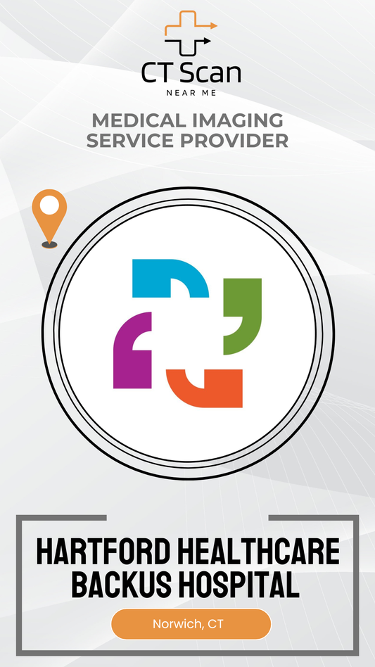 Promotional graphic for Hartford Healthcare Backus Hospital's medical imaging services with a logo and text.