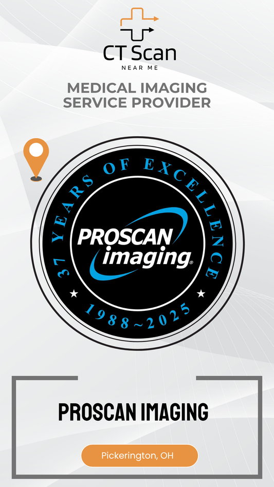Proscan Imaging logo celebrating 37 years of excellence with a medical imaging service provider logo.