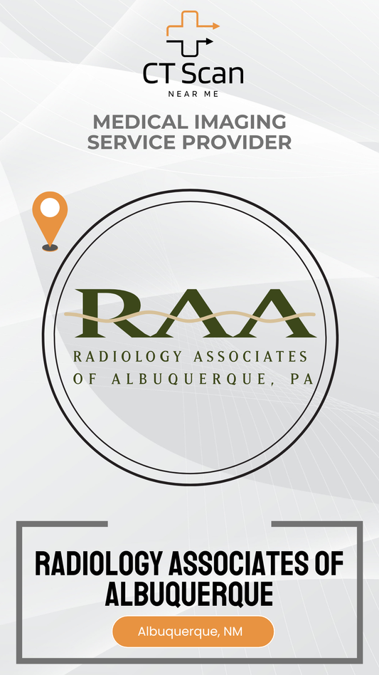 Promotional graphic for Radiology Associates of Albuquerque with their logo and branding elements.