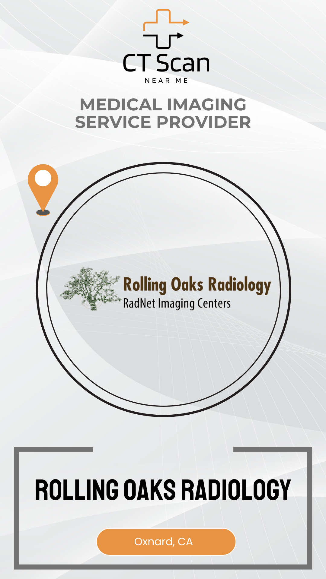 Promotional graphic for Rolling Oaks Radiology with a tree icon and text on a white background