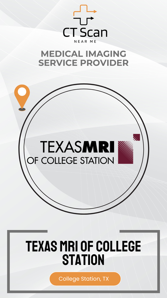 Advertisement for Texas MRI of College Station, a medical imaging service provider, with 'CT Scan Near Me' branding.