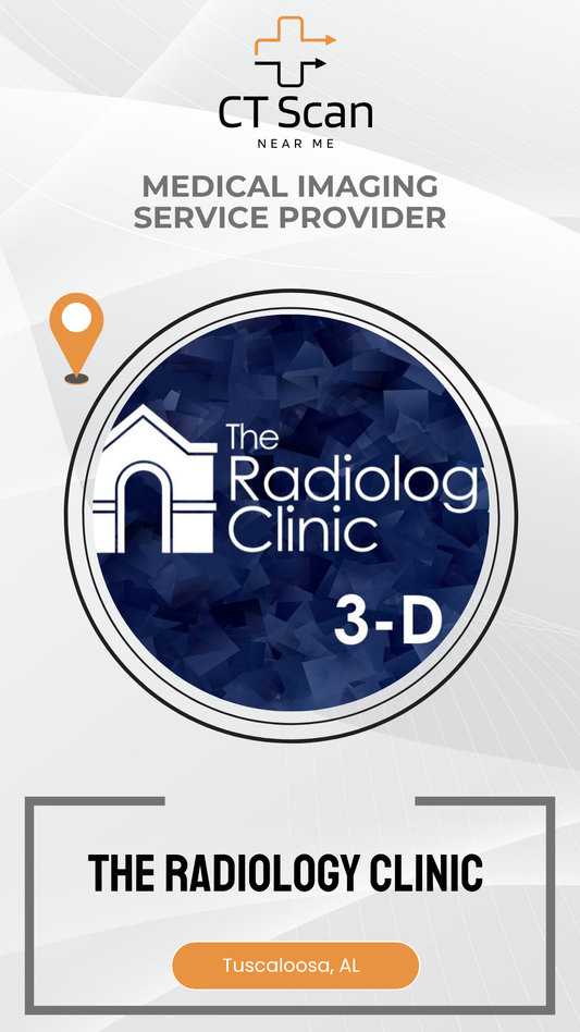 Promotional graphic for The Radiology Clinic with 3-D imaging feature and location pin.