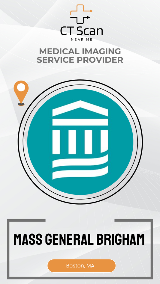 Logo of a medical imaging service provider with a building icon and text indicating location in Boston, MA.